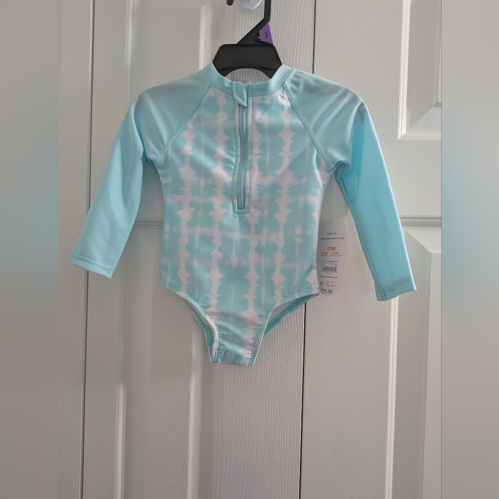 Wonder Nation Aqua & White  Rash Guard, Swimsuit Toddler Girl 12M.